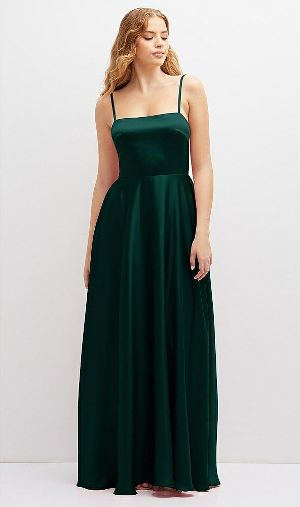 Front View - Evergreen Adjustable Sash Tie Back Satin Maxi Dress with Full Skirt
