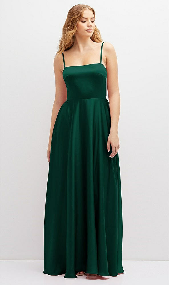 Front View - Hunter Green Adjustable Sash Tie Back Satin Maxi Dress with Full Skirt
