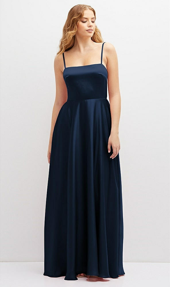 Front View - Midnight Navy Adjustable Sash Tie Back Satin Maxi Dress with Full Skirt