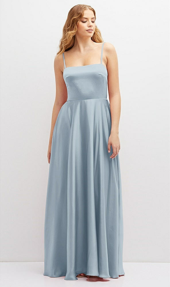 Front View - Mist Adjustable Sash Tie Back Satin Maxi Dress with Full Skirt