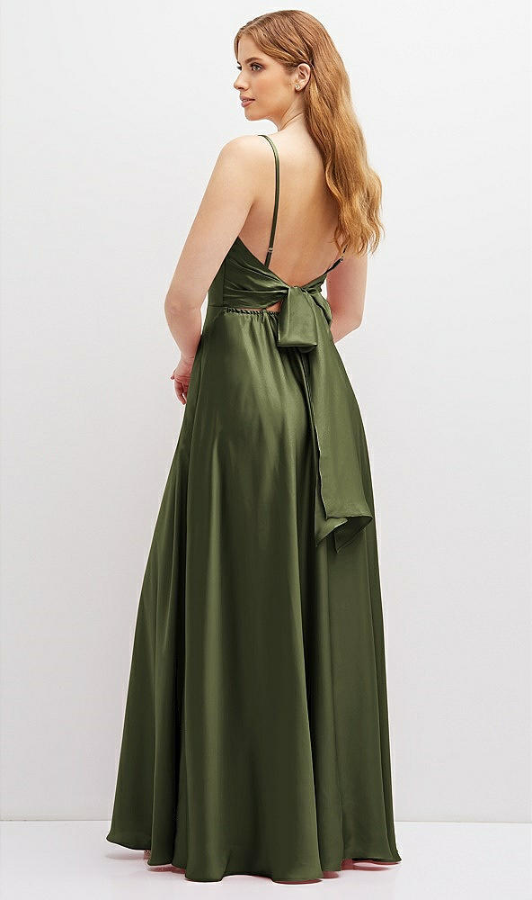 Back View - Olive Green Adjustable Sash Tie Back Satin Maxi Dress with Full Skirt