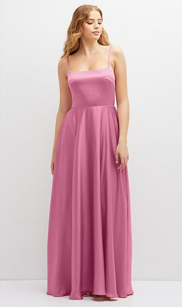 Front View - Orchid Pink Adjustable Sash Tie Back Satin Maxi Dress with Full Skirt
