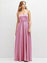 Front View Thumbnail - Powder Pink Adjustable Sash Tie Back Satin Maxi Dress with Full Skirt