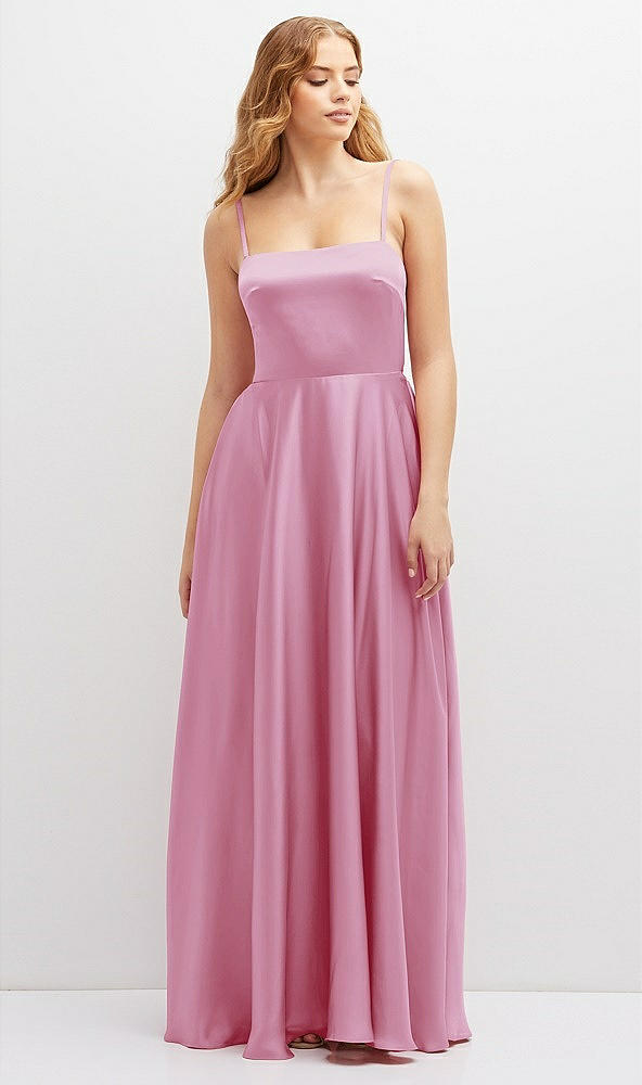 Front View - Powder Pink Adjustable Sash Tie Back Satin Maxi Dress with Full Skirt