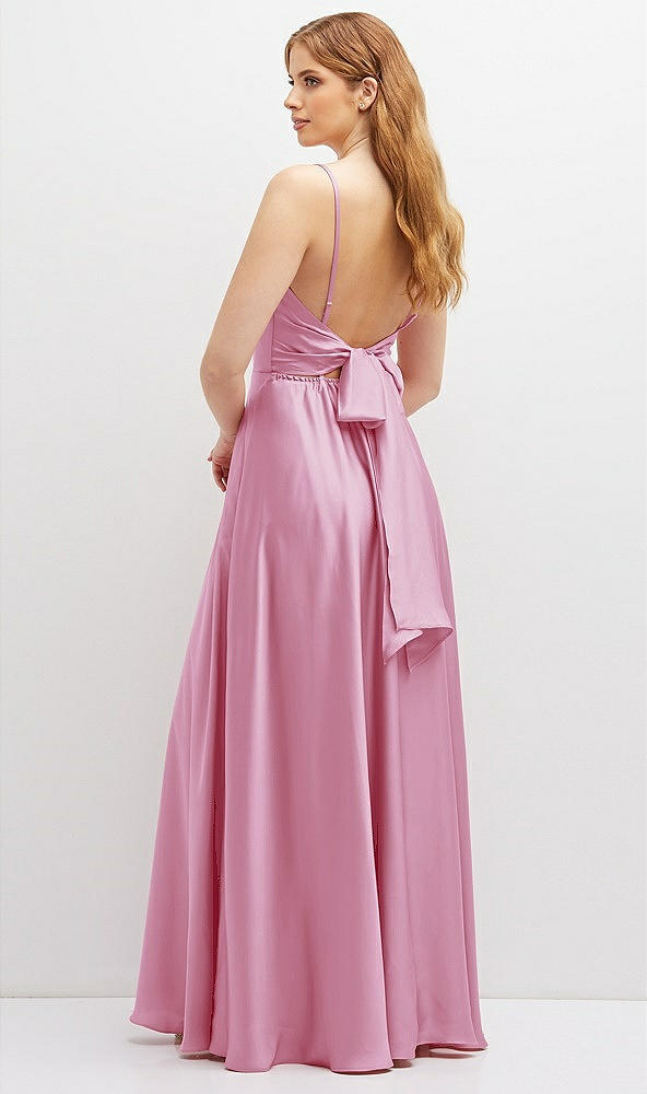 Back View - Powder Pink Adjustable Sash Tie Back Satin Maxi Dress with Full Skirt