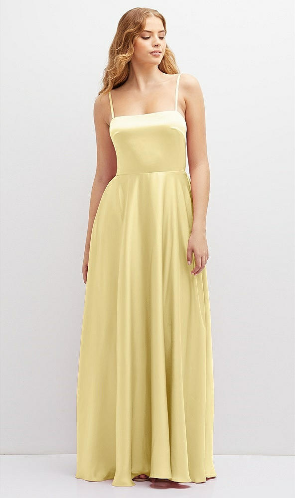 Front View - Pale Yellow Adjustable Sash Tie Back Satin Maxi Dress with Full Skirt