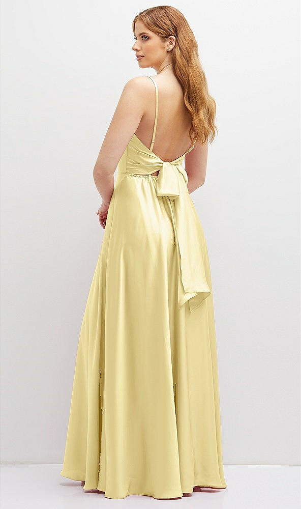 Back View - Pale Yellow Adjustable Sash Tie Back Satin Maxi Dress with Full Skirt