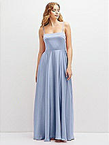 Front View Thumbnail - Sky Blue Adjustable Sash Tie Back Satin Maxi Dress with Full Skirt