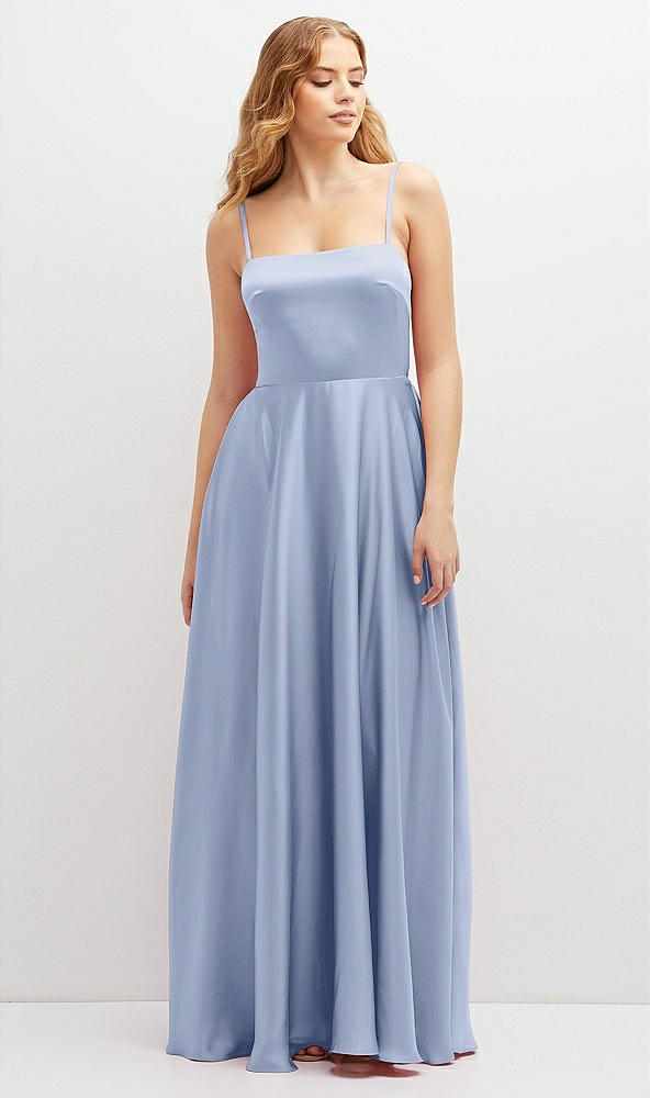 Front View - Sky Blue Adjustable Sash Tie Back Satin Maxi Dress with Full Skirt