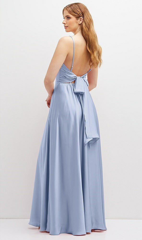 Back View - Sky Blue Adjustable Sash Tie Back Satin Maxi Dress with Full Skirt