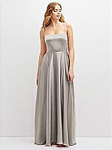 Front View Thumbnail - Taupe Adjustable Sash Tie Back Satin Maxi Dress with Full Skirt