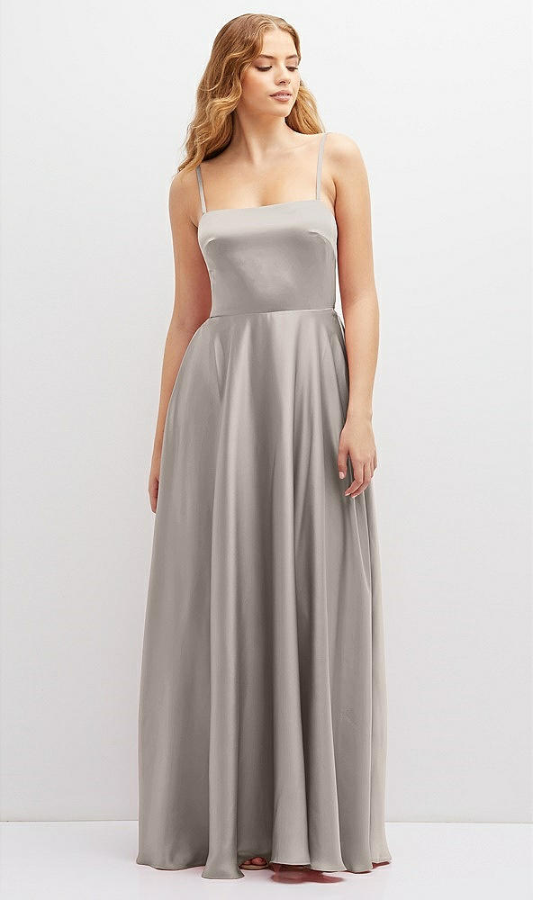 Front View - Taupe Adjustable Sash Tie Back Satin Maxi Dress with Full Skirt