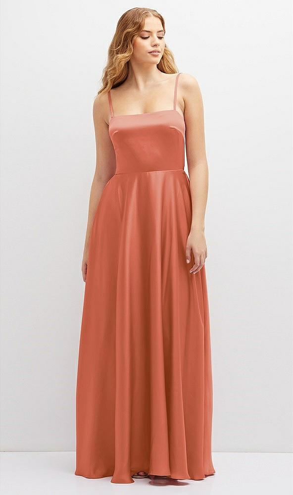 Front View - Terracotta Copper Adjustable Sash Tie Back Satin Maxi Dress with Full Skirt