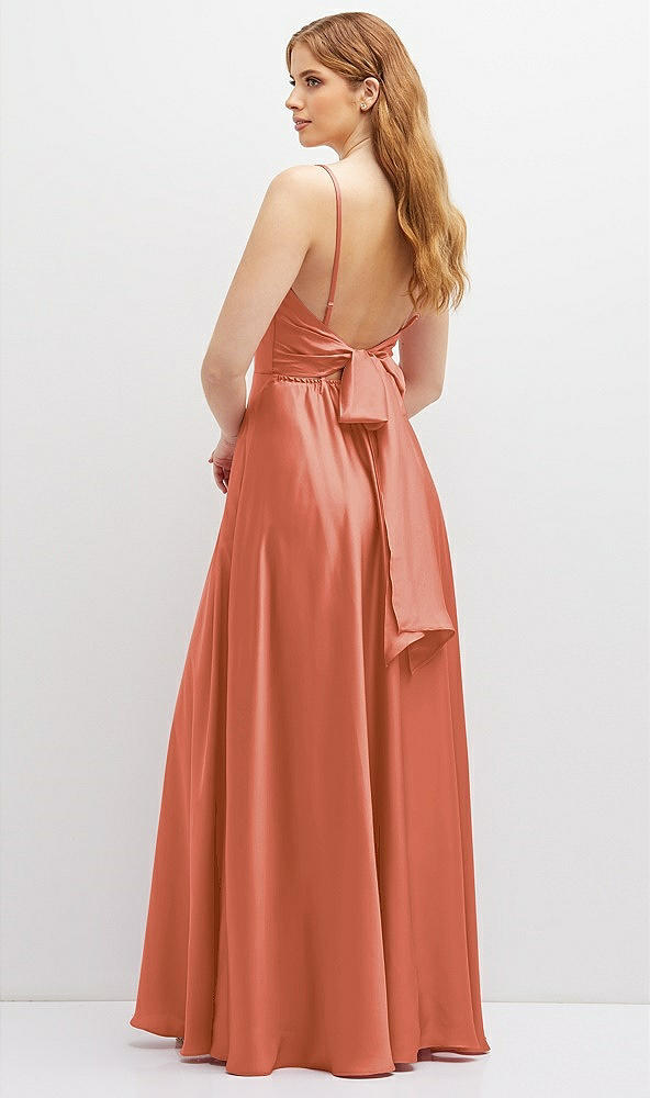 Back View - Terracotta Copper Adjustable Sash Tie Back Satin Maxi Dress with Full Skirt