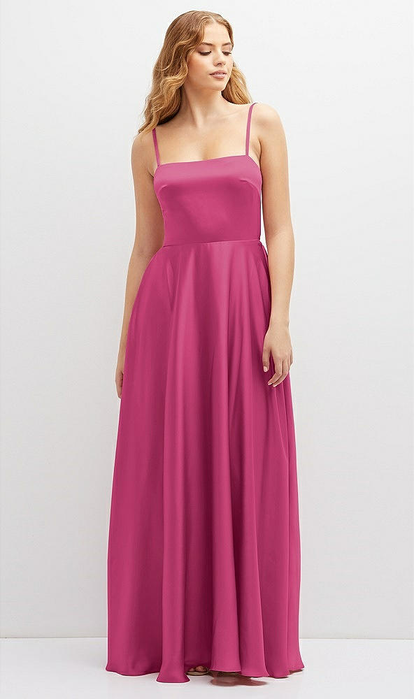 Front View - Tea Rose Adjustable Sash Tie Back Satin Maxi Dress with Full Skirt