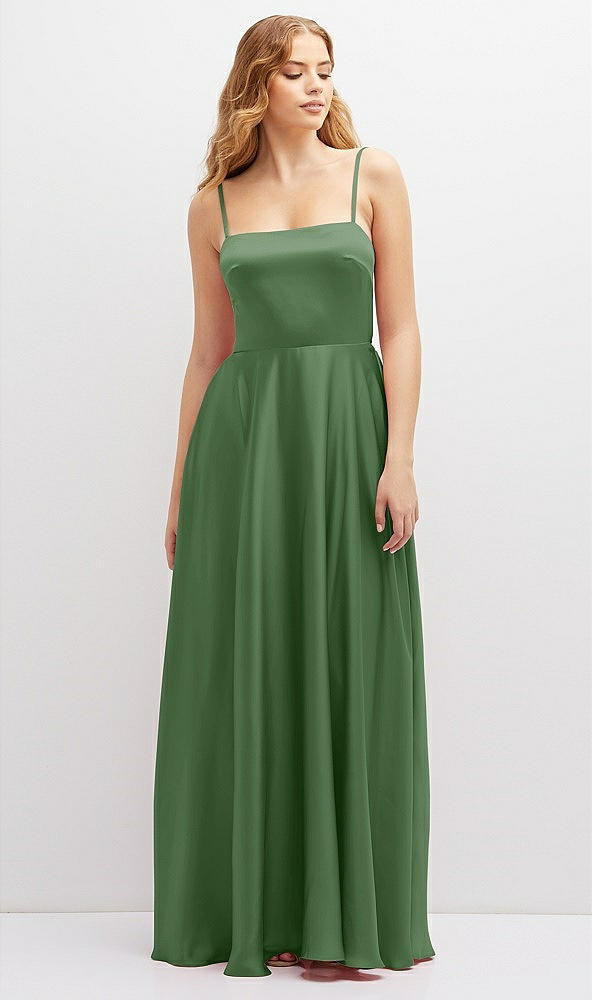 Front View - Vineyard Green Adjustable Sash Tie Back Satin Maxi Dress with Full Skirt