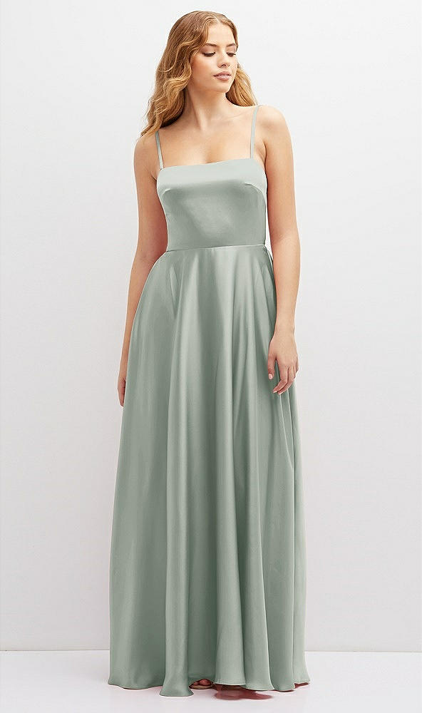 Front View - Willow Green Adjustable Sash Tie Back Satin Maxi Dress with Full Skirt