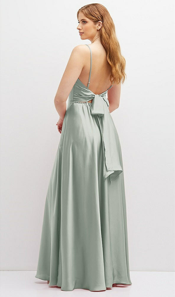 Back View - Willow Green Adjustable Sash Tie Back Satin Maxi Dress with Full Skirt