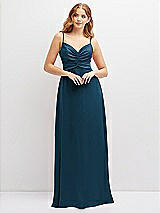 Alt View 1 Thumbnail - Atlantic Blue Vertical Ruched Bodice Satin Maxi Dress with Full Skirt