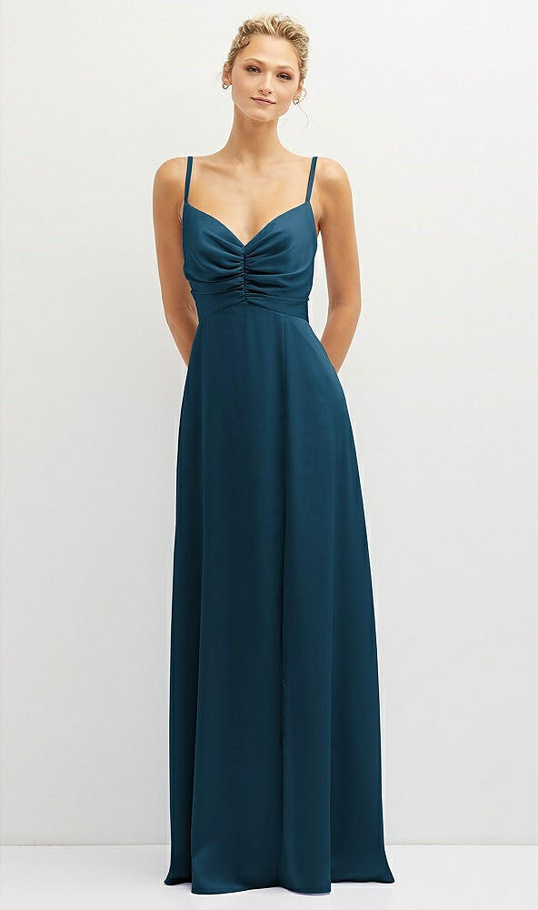Front View - Atlantic Blue Vertical Ruched Bodice Satin Maxi Dress with Full Skirt