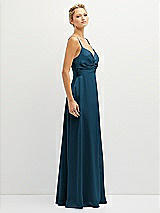Side View Thumbnail - Atlantic Blue Vertical Ruched Bodice Satin Maxi Dress with Full Skirt