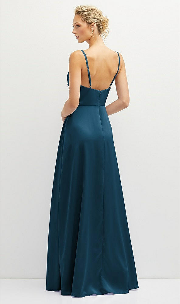 Back View - Atlantic Blue Vertical Ruched Bodice Satin Maxi Dress with Full Skirt