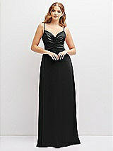 Alt View 1 Thumbnail - Black Vertical Ruched Bodice Satin Maxi Dress with Full Skirt