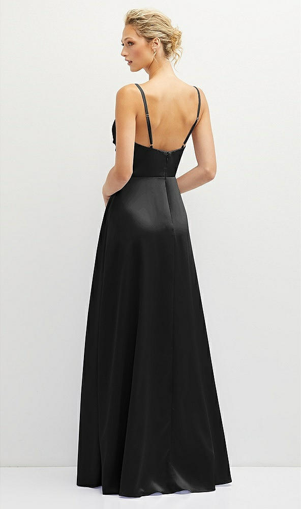 Back View - Black Vertical Ruched Bodice Satin Maxi Dress with Full Skirt
