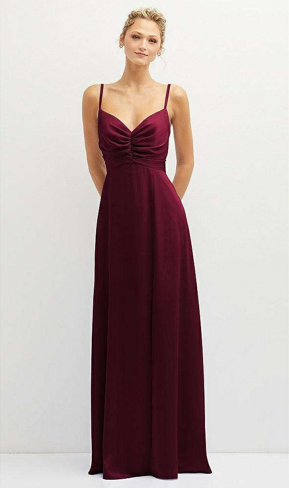 Front View - Cabernet Vertical Ruched Bodice Satin Maxi Dress with Full Skirt