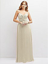 Alt View 1 Thumbnail - Champagne Vertical Ruched Bodice Satin Maxi Dress with Full Skirt