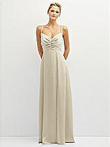 Front View Thumbnail - Champagne Vertical Ruched Bodice Satin Maxi Dress with Full Skirt