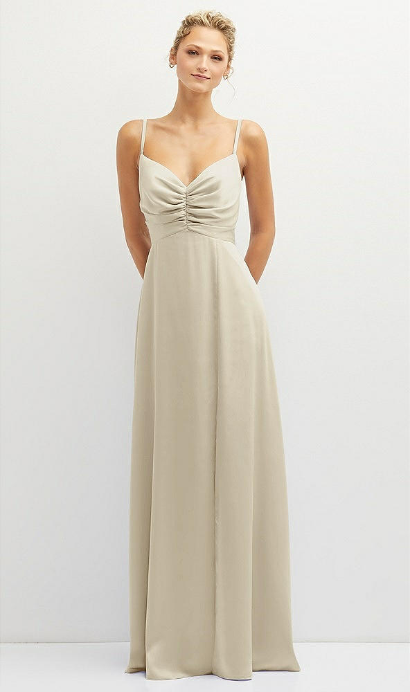 Front View - Champagne Vertical Ruched Bodice Satin Maxi Dress with Full Skirt