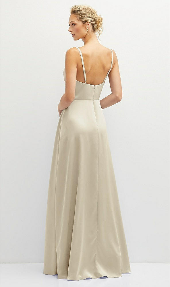 Back View - Champagne Vertical Ruched Bodice Satin Maxi Dress with Full Skirt