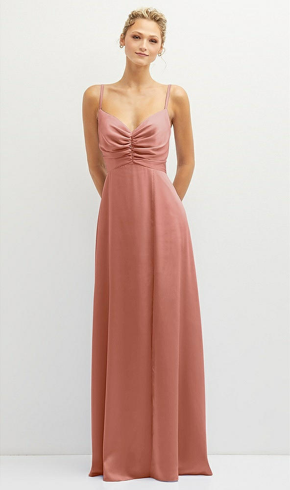 Front View - Desert Rose Vertical Ruched Bodice Satin Maxi Dress with Full Skirt