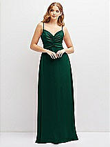 Alt View 1 Thumbnail - Hunter Green Vertical Ruched Bodice Satin Maxi Dress with Full Skirt
