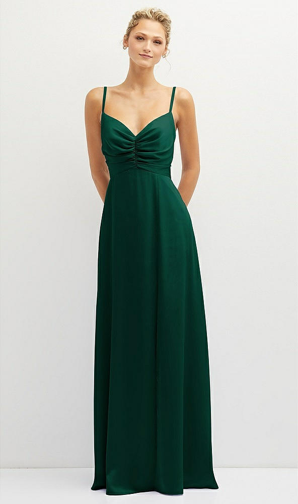 Front View - Hunter Green Vertical Ruched Bodice Satin Maxi Dress with Full Skirt