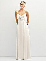 Front View Thumbnail - Ivory Vertical Ruched Bodice Satin Maxi Dress with Full Skirt
