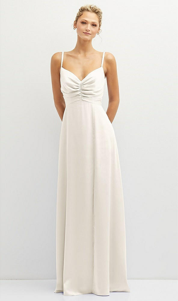 Front View - Ivory Vertical Ruched Bodice Satin Maxi Dress with Full Skirt