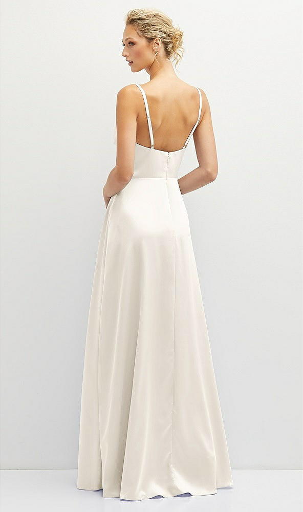 Back View - Ivory Vertical Ruched Bodice Satin Maxi Dress with Full Skirt