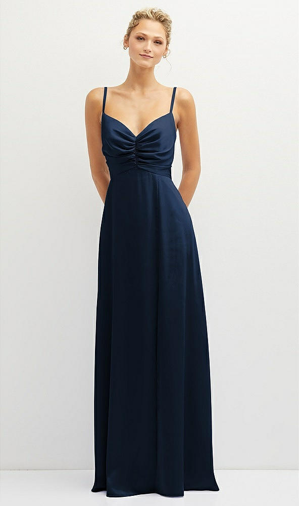 Front View - Midnight Navy Vertical Ruched Bodice Satin Maxi Dress with Full Skirt