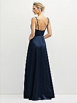 Rear View Thumbnail - Midnight Navy Vertical Ruched Bodice Satin Maxi Dress with Full Skirt
