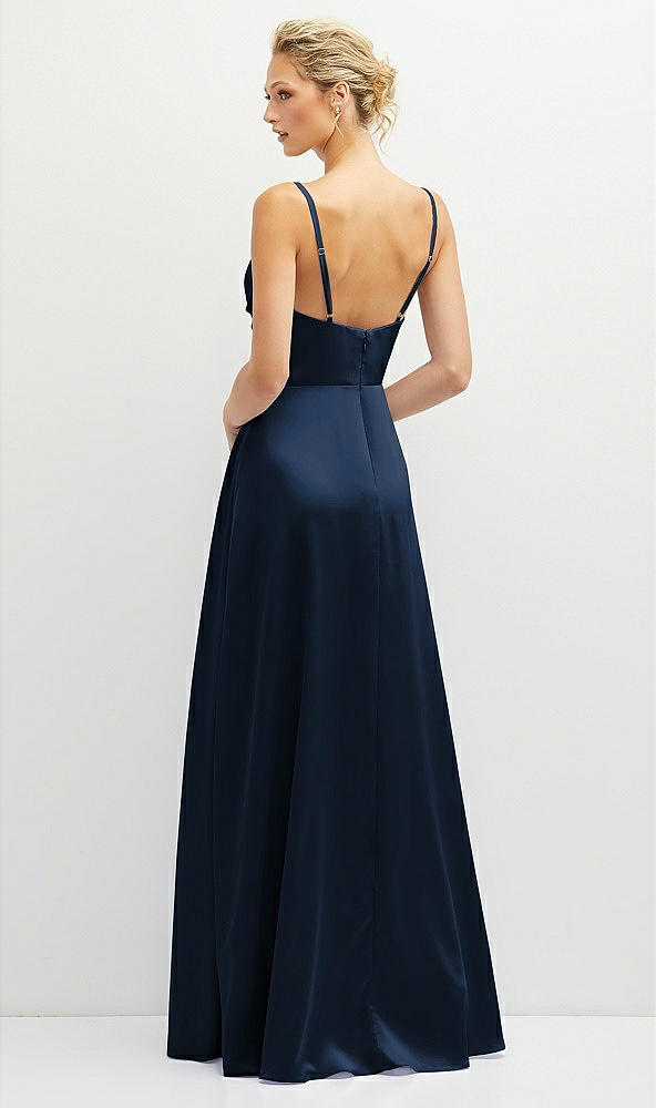 Back View - Midnight Navy Vertical Ruched Bodice Satin Maxi Dress with Full Skirt