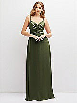 Alt View 1 Thumbnail - Olive Green Vertical Ruched Bodice Satin Maxi Dress with Full Skirt