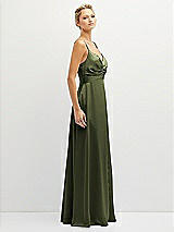 Side View Thumbnail - Olive Green Vertical Ruched Bodice Satin Maxi Dress with Full Skirt