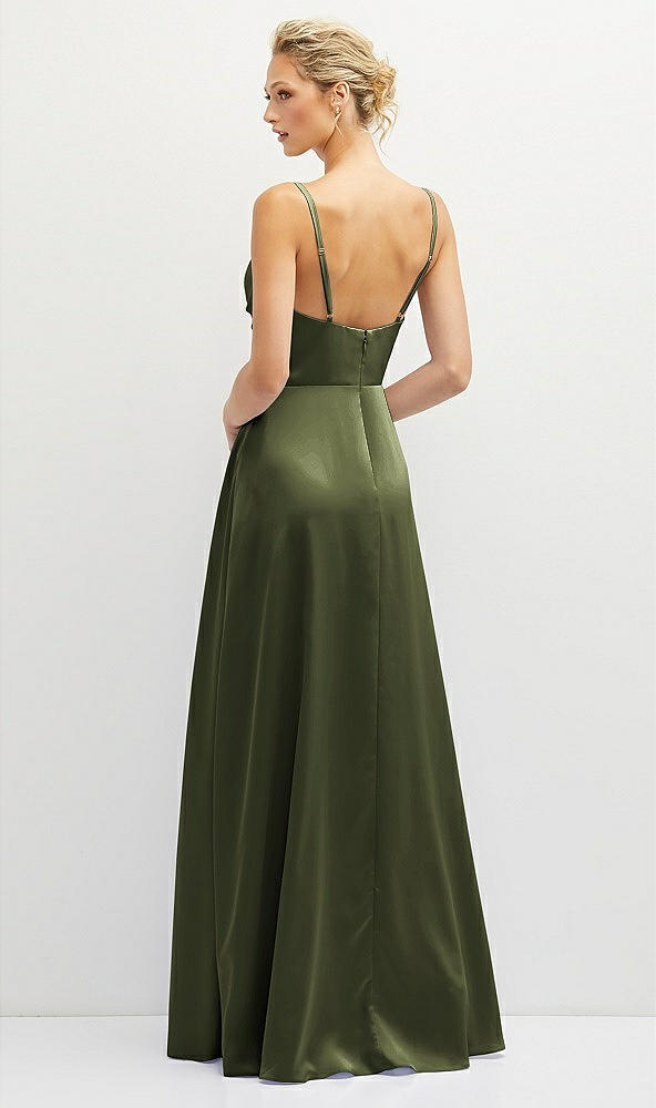 Back View - Olive Green Vertical Ruched Bodice Satin Maxi Dress with Full Skirt