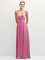 Front View Thumbnail - Orchid Pink Vertical Ruched Bodice Satin Maxi Dress with Full Skirt