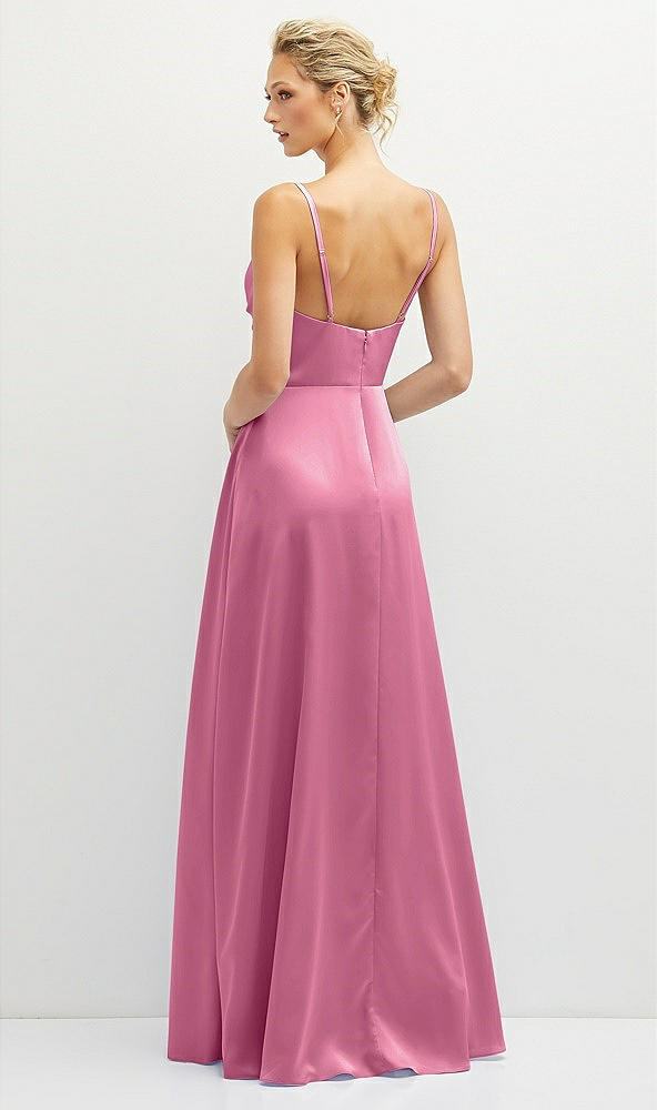 Back View - Orchid Pink Vertical Ruched Bodice Satin Maxi Dress with Full Skirt
