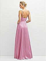 Rear View Thumbnail - Powder Pink Vertical Ruched Bodice Satin Maxi Dress with Full Skirt