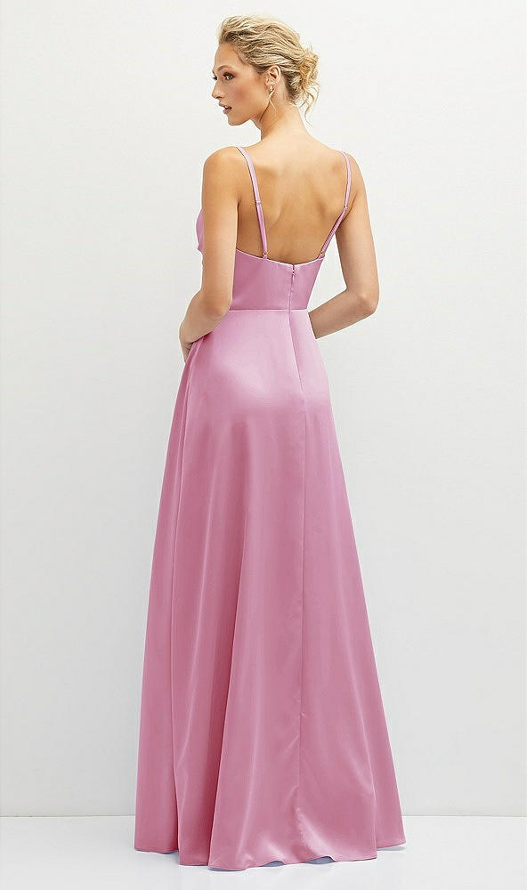Back View - Powder Pink Vertical Ruched Bodice Satin Maxi Dress with Full Skirt