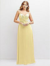 Alt View 1 Thumbnail - Pale Yellow Vertical Ruched Bodice Satin Maxi Dress with Full Skirt